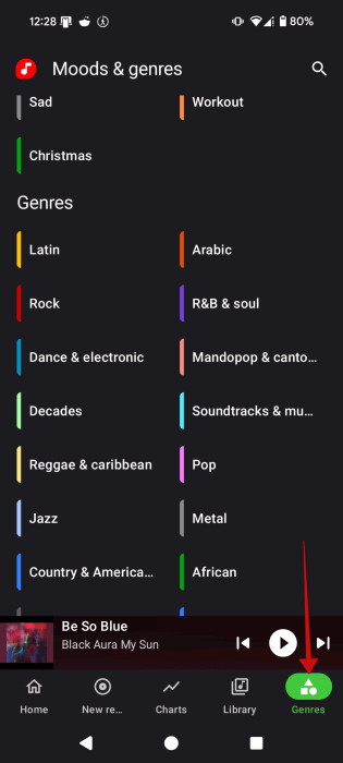 Affichage de l'onglet Genres dans l'application Simpmusic sur Android.
