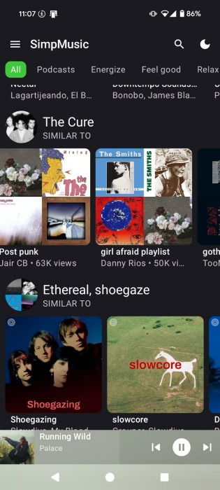 Vue des suggestions musicales dans l'application Simpmusic.