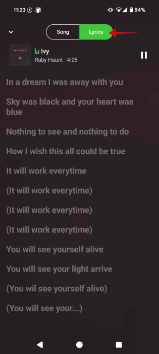 Passer aux paroles dans l'application Simpmusic sur Android.