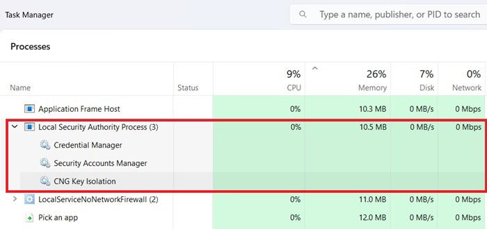 Processus LSA visionnés dans Task Manager avec une empreinte mémoire minimale de 10,5 Mo.