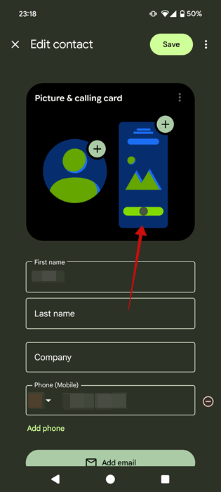 Modification de la carte d'appel à partir de la page de contact dans l'application téléphonique par Google.