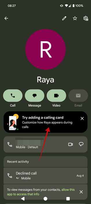 Banner d'annonce visible dans la page de contact dans l'application téléphonique par Google.