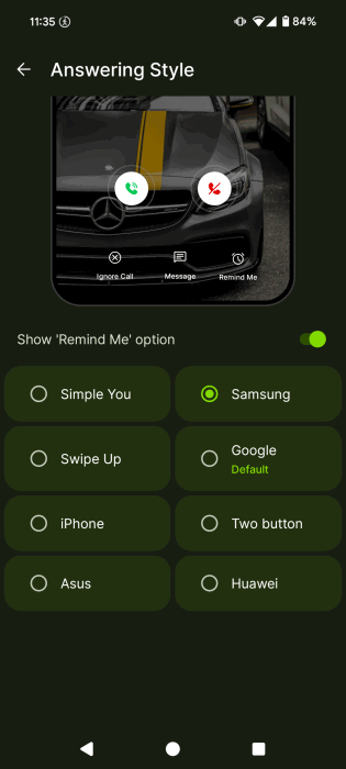 Sélection de nouveau style de réponse pour la carte de contact dans l'application Jolt.