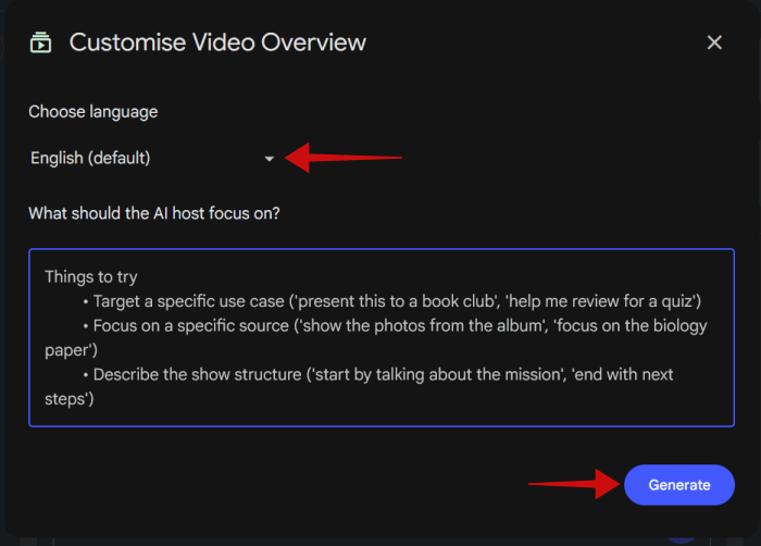 Modification de la langue et des instructions pour personnaliser la vue d'ensemble vidéo dans Notebooklm.