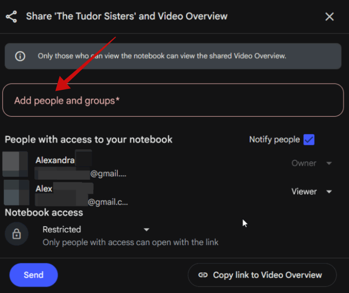 Ajouter des gens pour partager une vidéo avec dans Notebooklm.