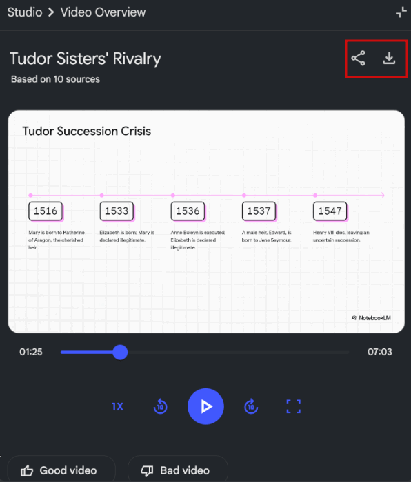 Téléchargement ou partage d'une vidéo créée avec Notebooklm.