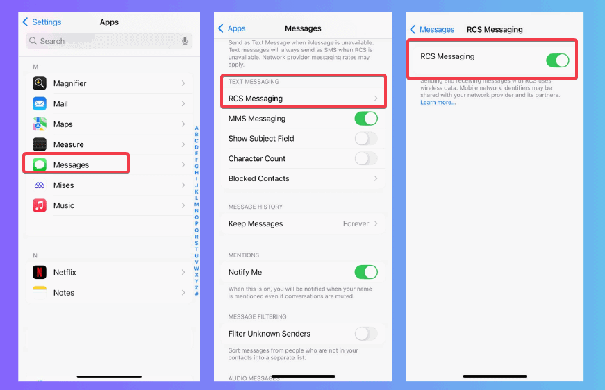 Activer la messagerie RCS iPhone