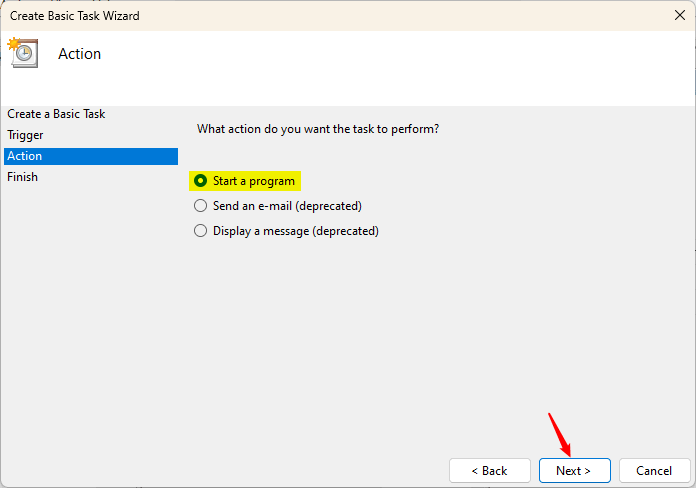 Sélectionnez l'action à effectuer