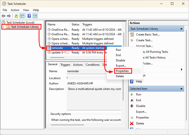 Propriétés de la tâche ouverte
