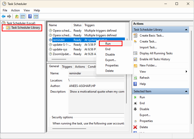 Exécutez la tâche pour confirmer le travail