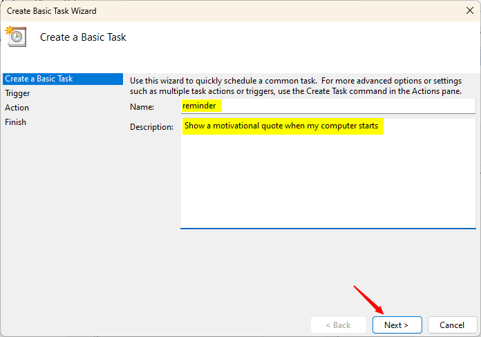 Fournir la description du nom de la tâche