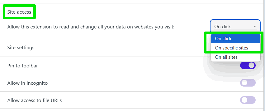 Activation de clics dans les autorisations du site du navigateur
