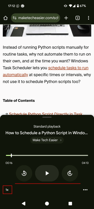 Options de personnalisation dans la barre de lecture de l'article Chrome.