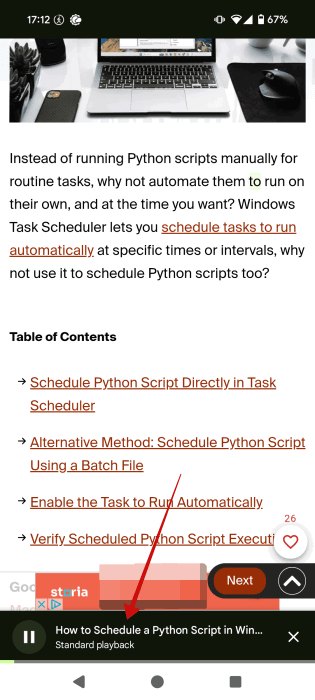 Playage standard pour l'article créé dans Chrome sur Android.
