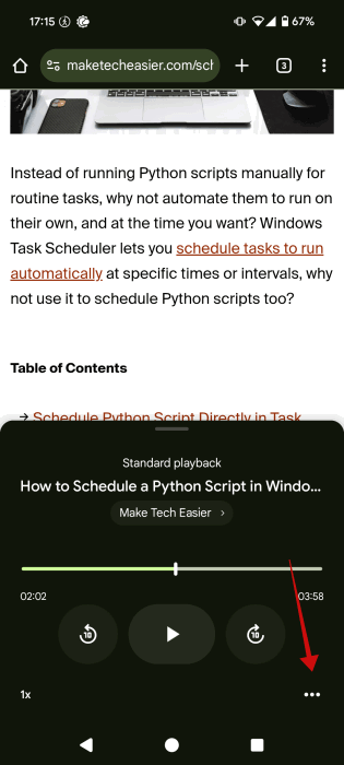 Appuyant sur une option à trois points dans la barre de lecture dans Chrome.