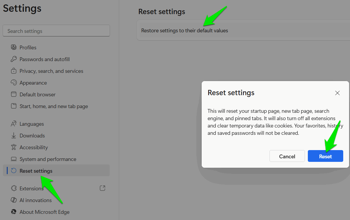 Réinitialisation de Microsoft Edge