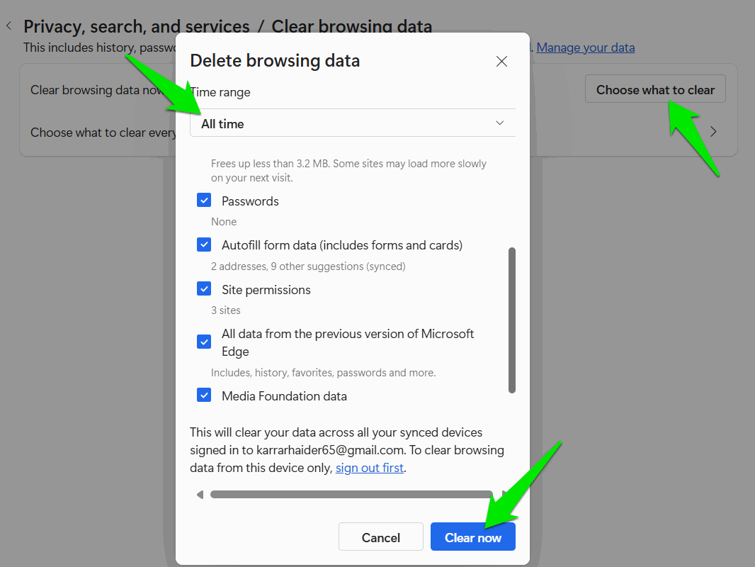 Liste des données à effacer dans Microsoft Edge
