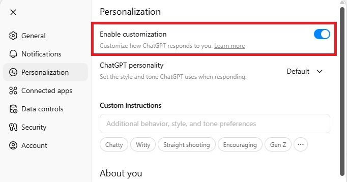 Activer la personnalisation dans Chatgpt 5.