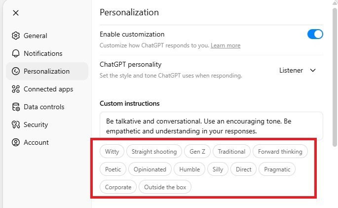 En utilisant les instructions personnalisées suggérées par ChatGPT 5.
