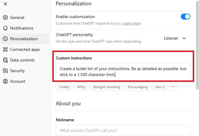 Ajout d'instructions personnalisées à Chatgpt personnalisé 5.