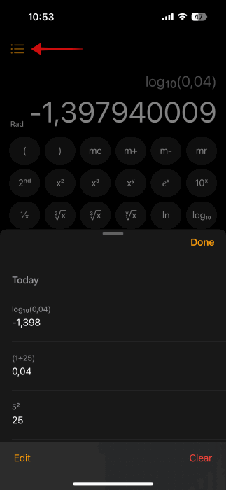 Affichage de l'historique de l'opération dans l'application de calculatrice sur iPhone. 