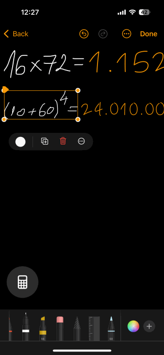 Faire des calculs simples avec des notes mathématiques sur iPhone. 