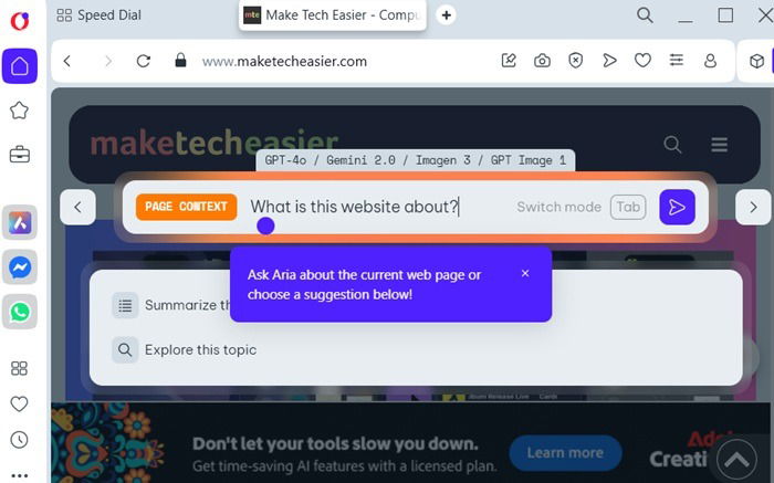 Utilisation de Ctrl + Forward pour ouvrir une fenêtre de chat dans Aria sur une page Web d'opéra.
