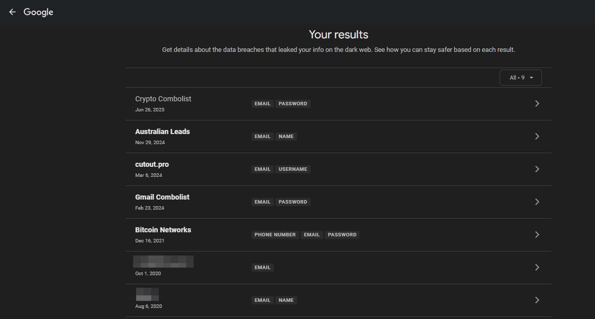 Données de numérisation Web Dark Flagged