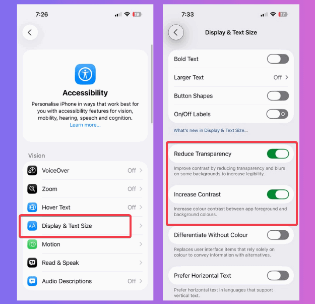Réduire la transparence et augmenter le contraste