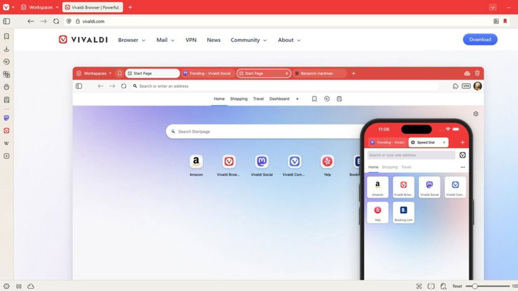 Vivaldi homepage loaded in Vivaldi browser.