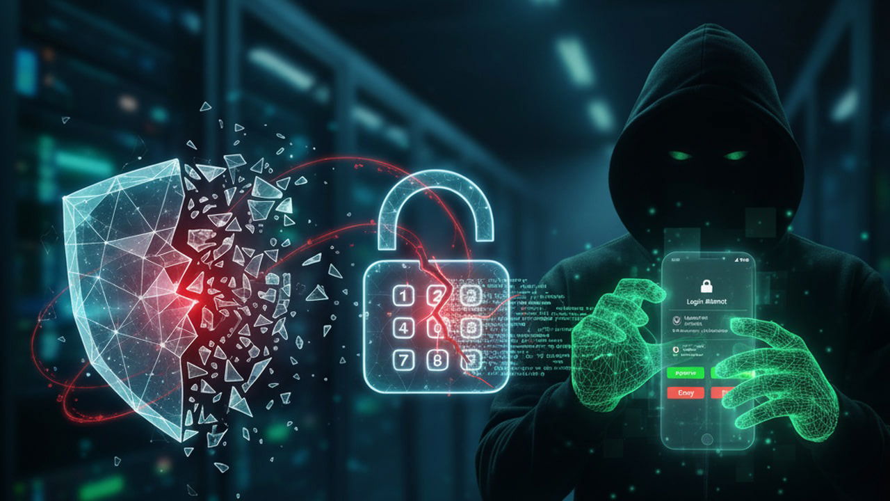 shady hacker manipulating 2FA login prompt with a shield and padlock icon