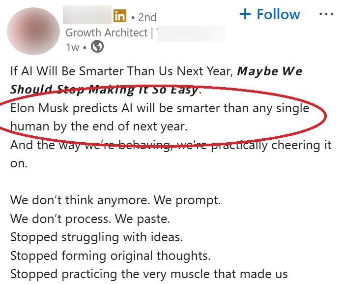 Un post LinkedIn glorifiant l'utilisation de l'IA par écrit et en assimilant à l'œuvre écrite humaine.