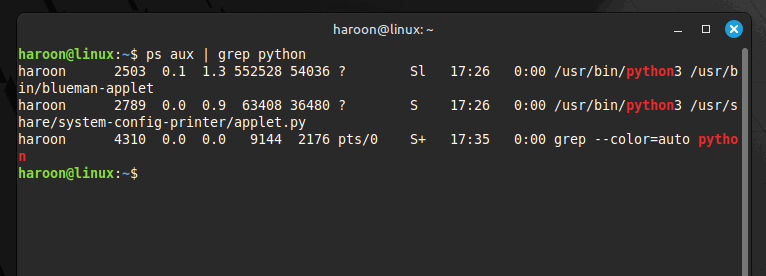 Récupération des processus Python en utilisant la commande de chaîne