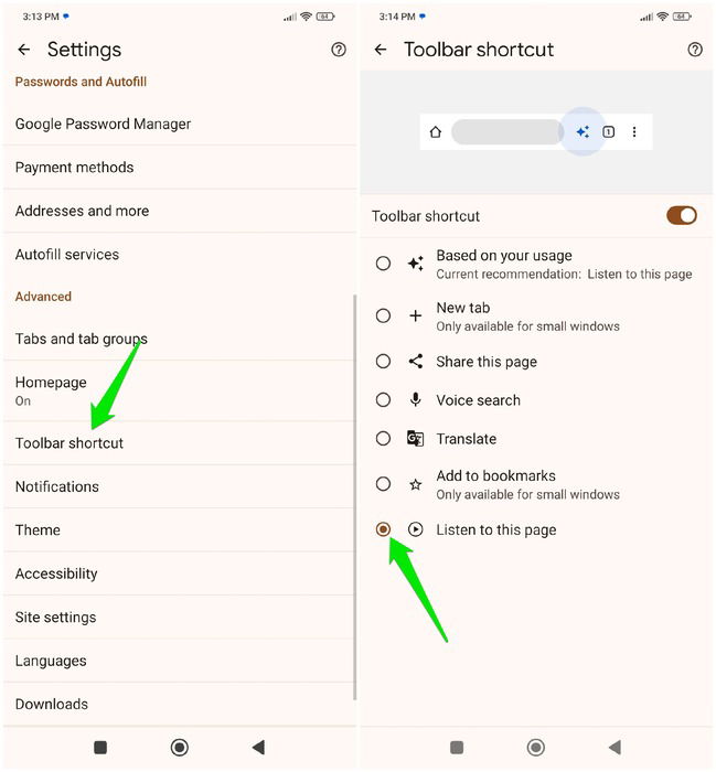 Ajout de raccourci de la barre d'outils pour écouter cette page