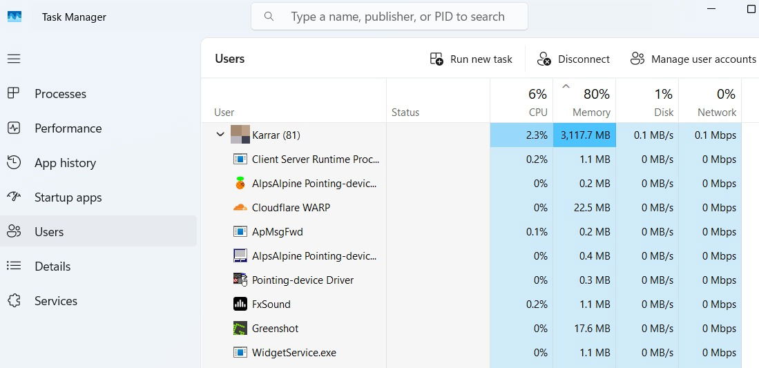 Processus utilisateur dans Windows 11 Task Manager