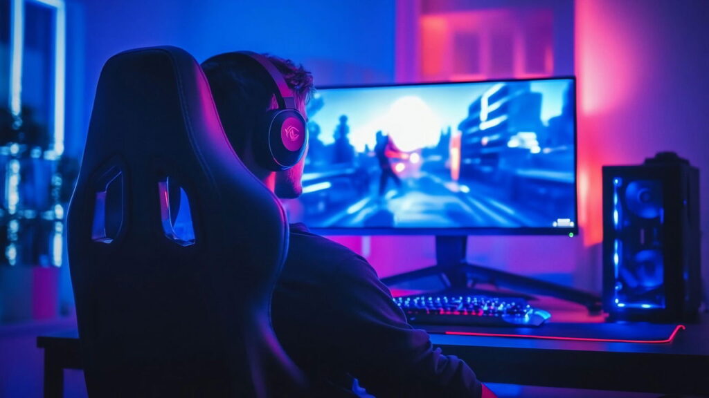 Gamer immersed in a vibrant gaming setup