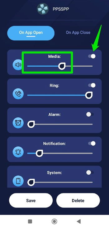 Réglage du volume à l'ouverture de l'application