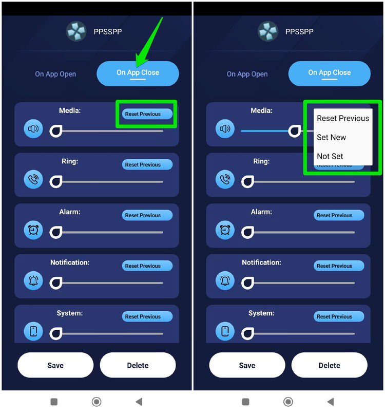 Réglage du volume de fermeture de l'application