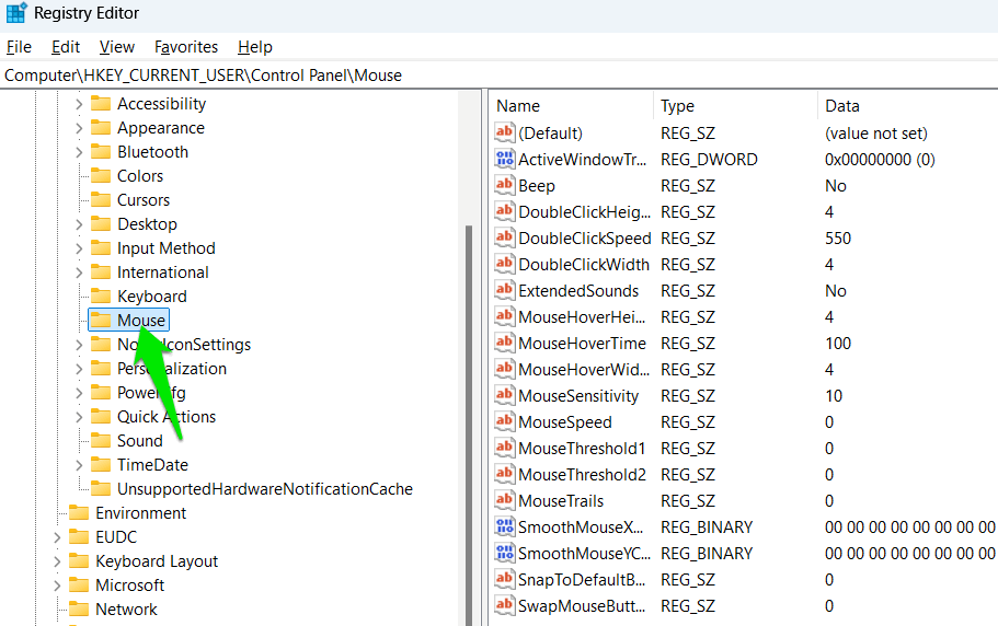 Paramètres de la souris du registre Windows