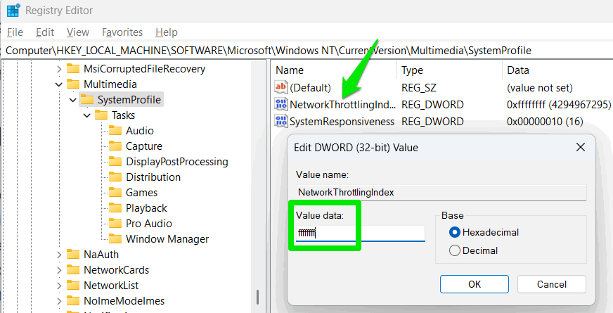 Valeur NetworkThrottlingIndex dans le registre Windows