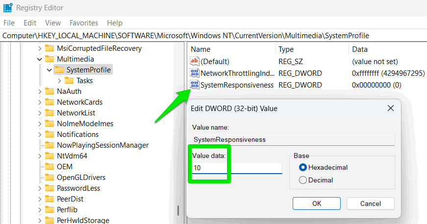 SystemResponsiveness étant défini sur 10 dans le registre Windows
