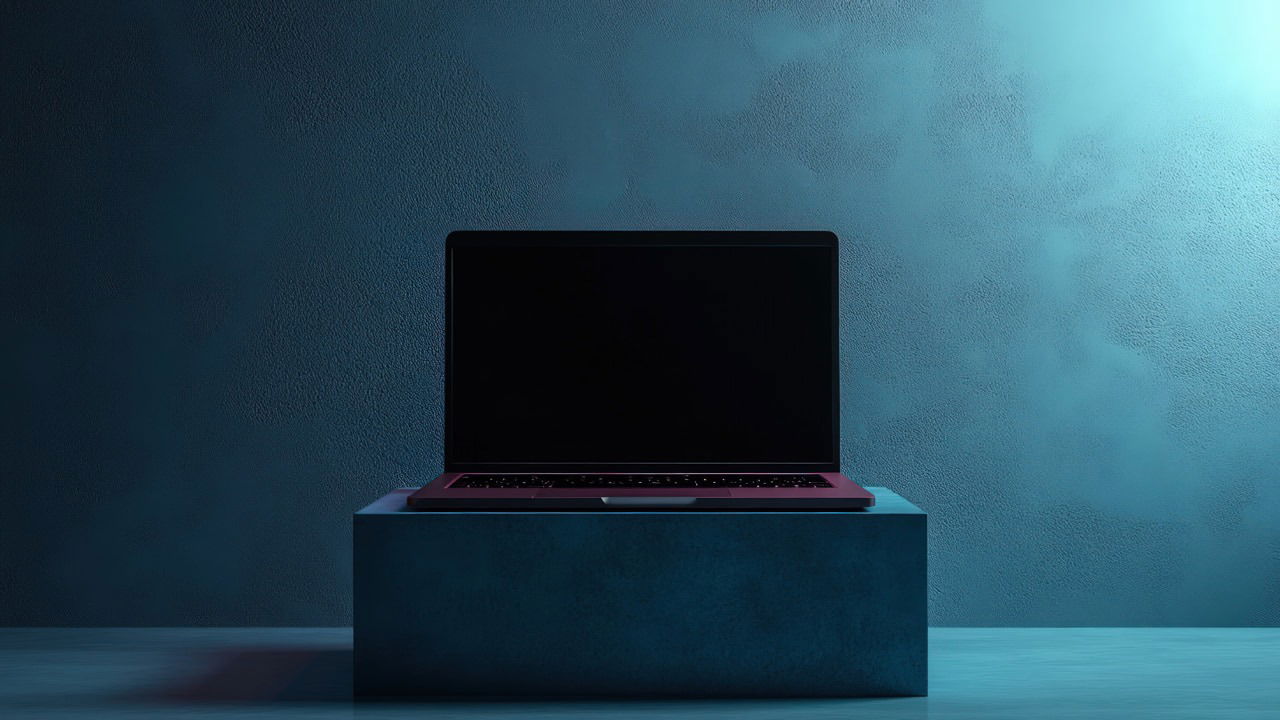 Red laptop with display off with a blue background