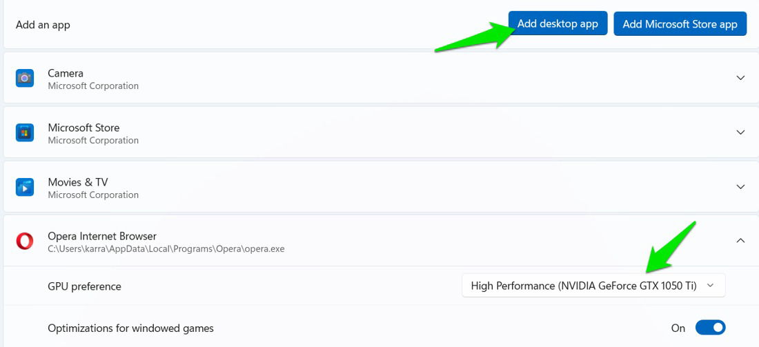 Sélection de dGPU pour le navigateur Opera dans WIndows 11