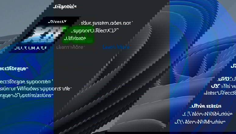 Fonctionnalités de jeu de la Gamebar montrant la prise en charge de DirectX et DirectStorage