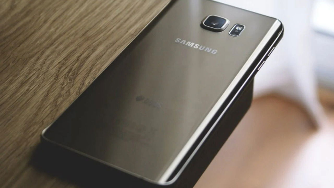 Samsung phone on a table.