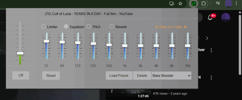 Utilisation de l'extension Sound Equalizer dans Google Chrome.