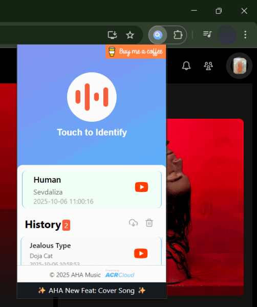 Extension Aha Music identifiant la musique dans Chrome.