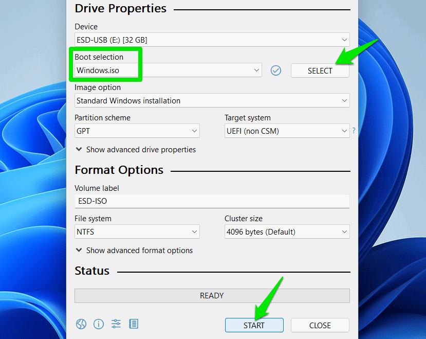 Interface principale de Rufus affichant les personnalisations ISO de Windows 11