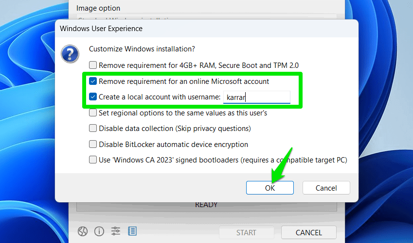 Rufus montrant les options de personnalisation de Windows 11