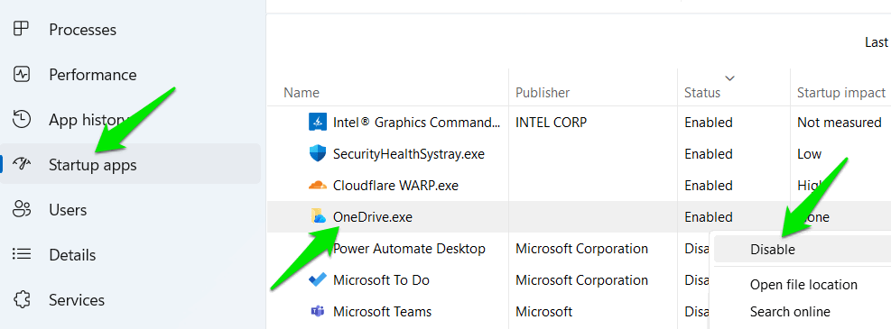 Désactiver OneDrive dans les applications de démarrage
